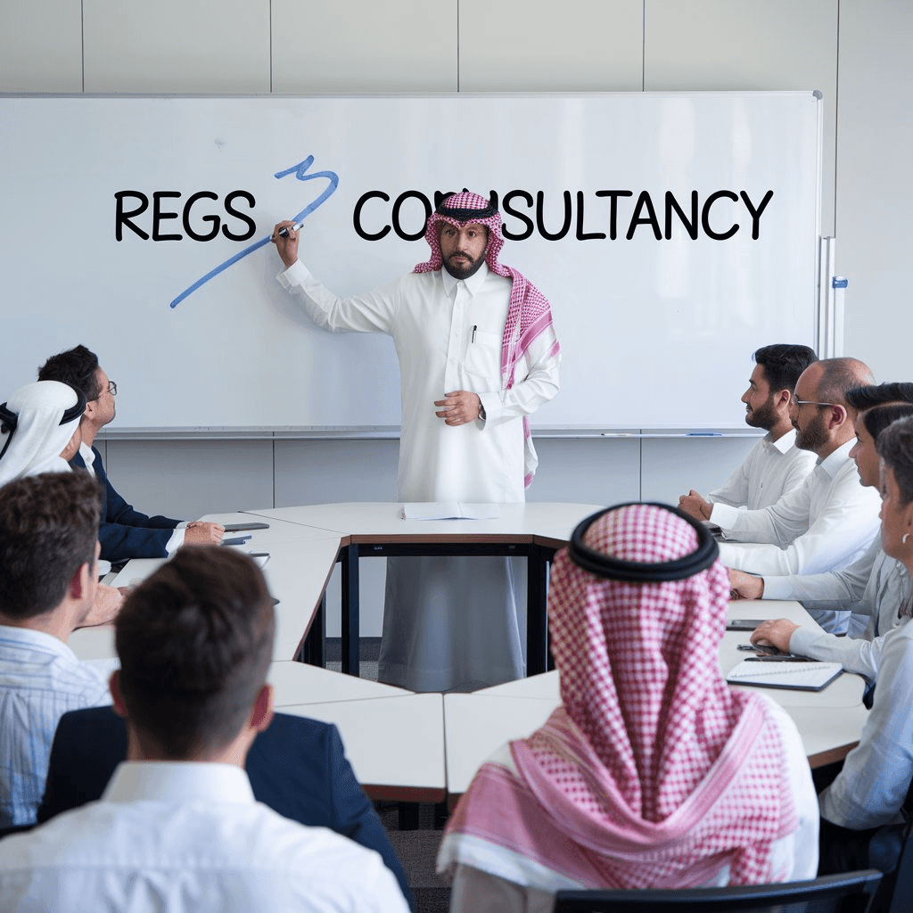 Man in traditional attire presenting on whiteboard to group around a table.