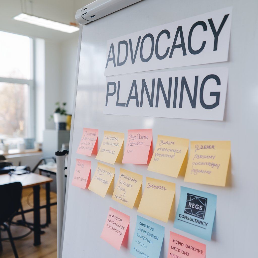 Whiteboard with advocacy planning notes on colorful sticky notes in office setting.